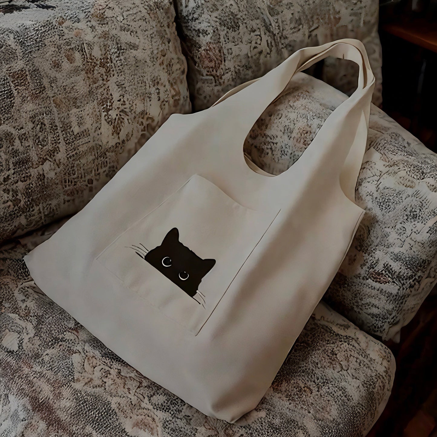 Charming Peeking Cat Canvas Tote Bag - Off-White, Durable & Stylish Shoulder Bag