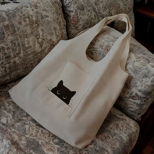 Charming Peeking Cat Canvas Tote Bag - Off-White, Durable & Stylish Shoulder Bag